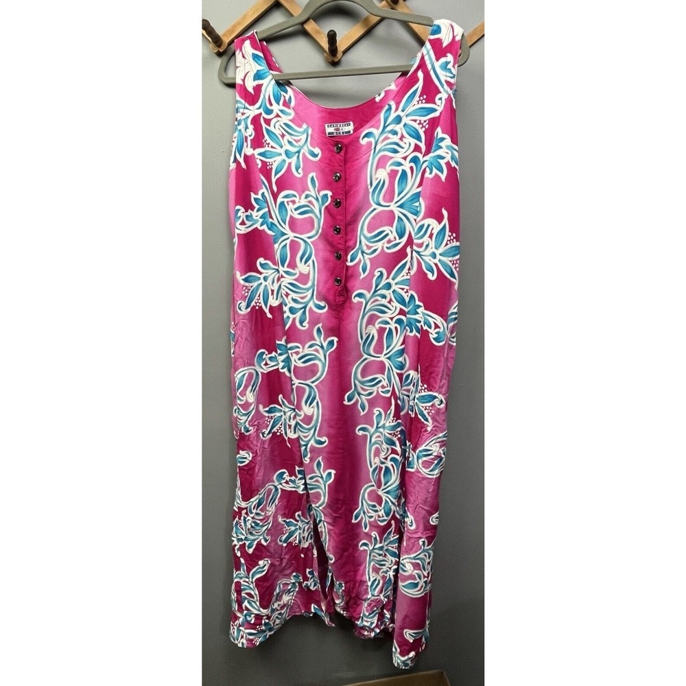 Caribbean Girl Pink Blue Floral Print Rayon Maxi‎ Dress Tie Neck Button Front